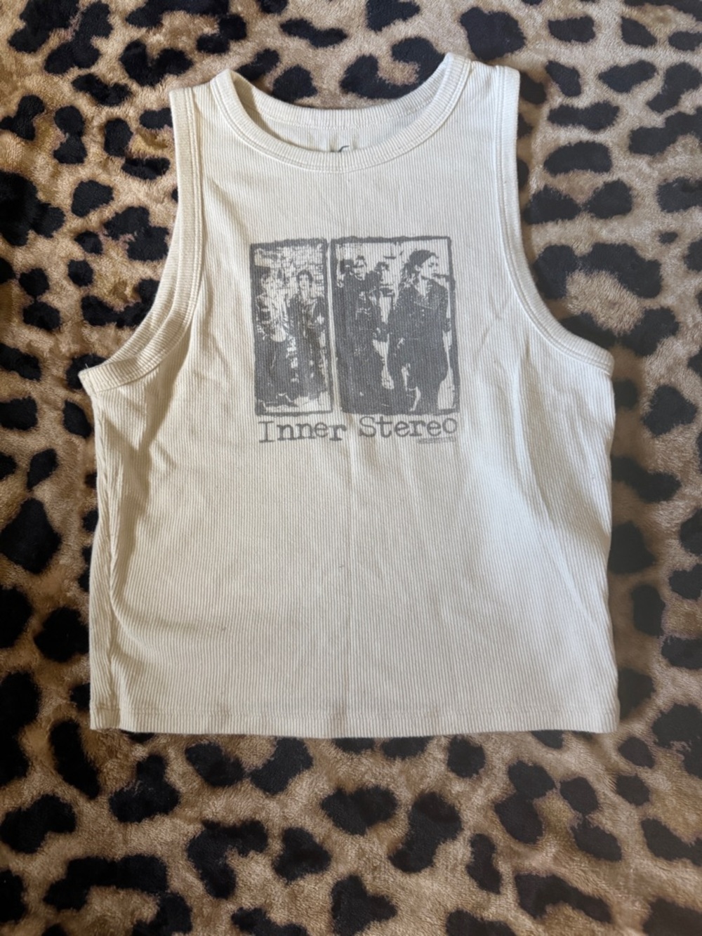 Hollister Cream Ribbed Graphic Tank Top with Gray Print